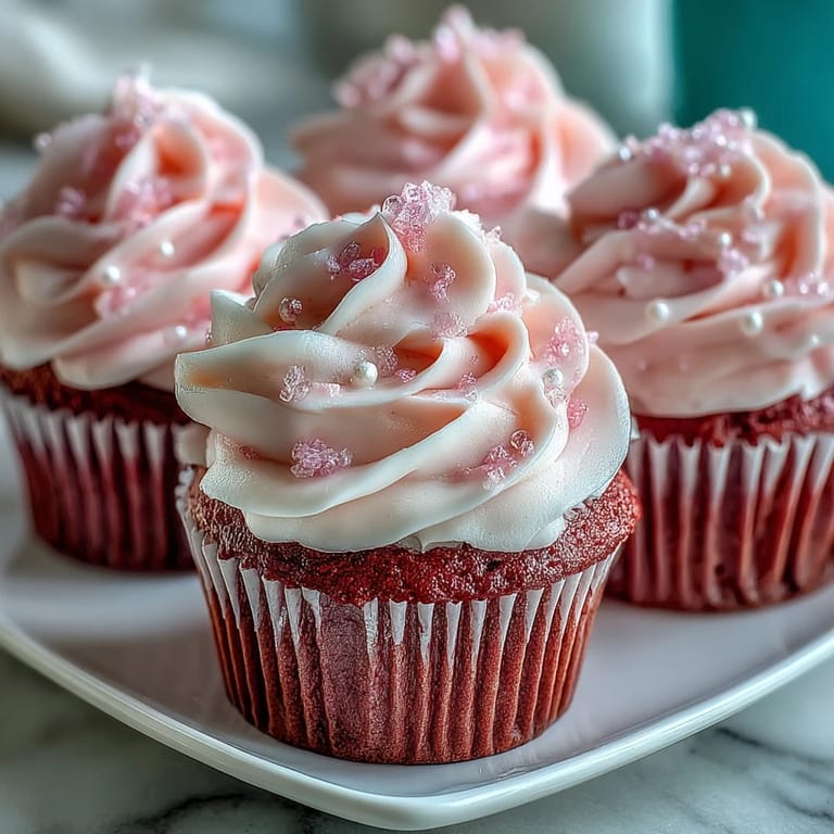 A close-up of a Pink Velvet Cupcakes with Vanilla Buttercream Frosting revealing its moist, tender crumb texture.