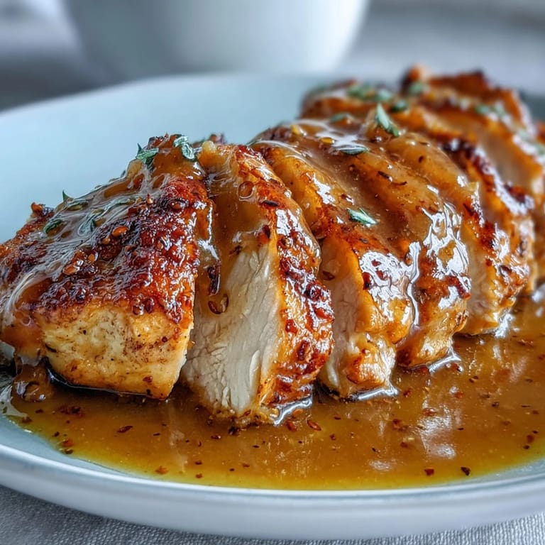 Shredded Slow Cooker Honey Mustard Chicken piled high on a plate, drizzled with extra sauce and ready to serve.