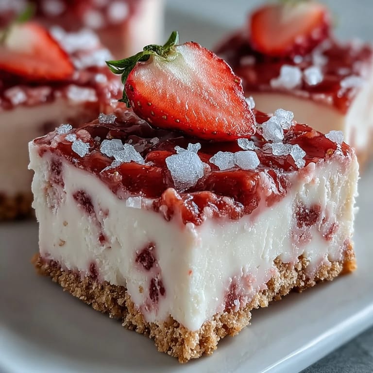 Ready-to-serve No-Bake Strawberry Fudge Squares are garnished with crunchy freeze-dried strawberry pieces, perfect for a sweet summer dessert.