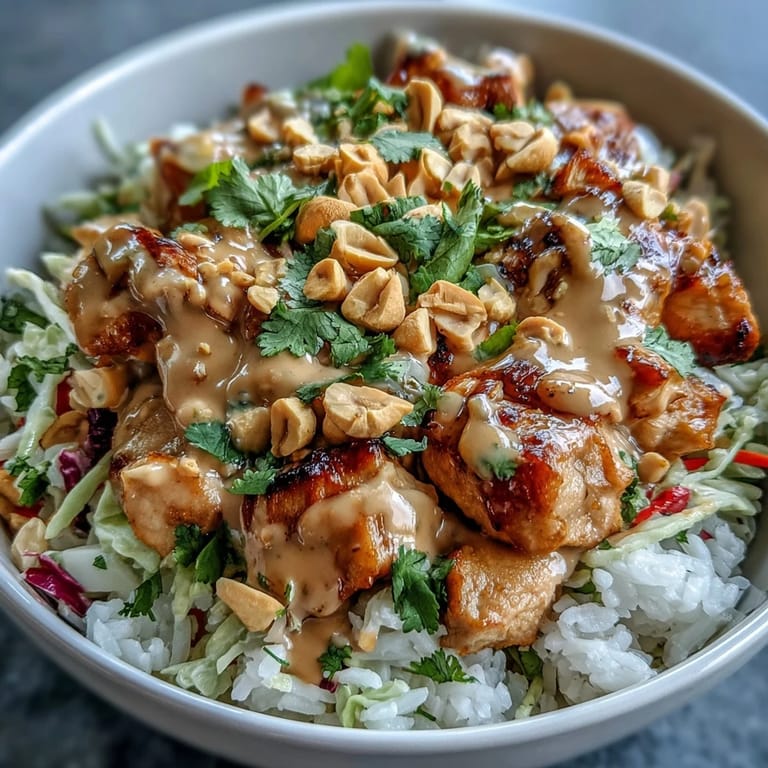 Peanut Chicken Protein Bowl with golden sautéed chicken, crunchy red cabbage, carrots, and fresh cilantro on coconut rice.