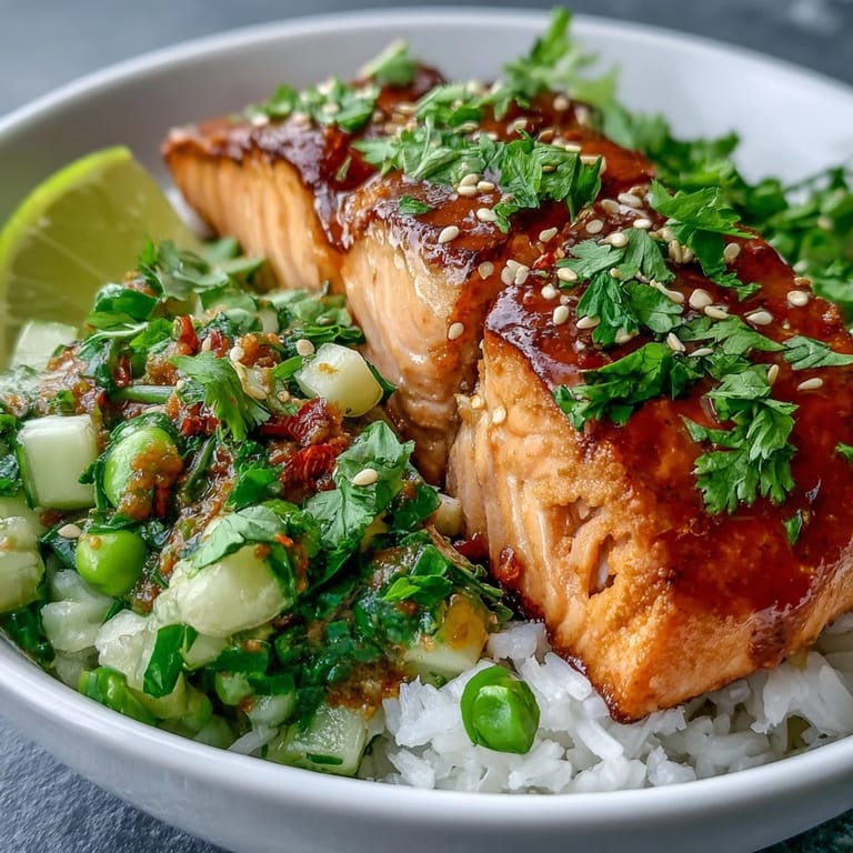 Plated Bang Bang Salmon Bowl featuring tender fish, spicy creamy sauce, and crisp vegetable salsa, topped with sesame seeds and herbs.