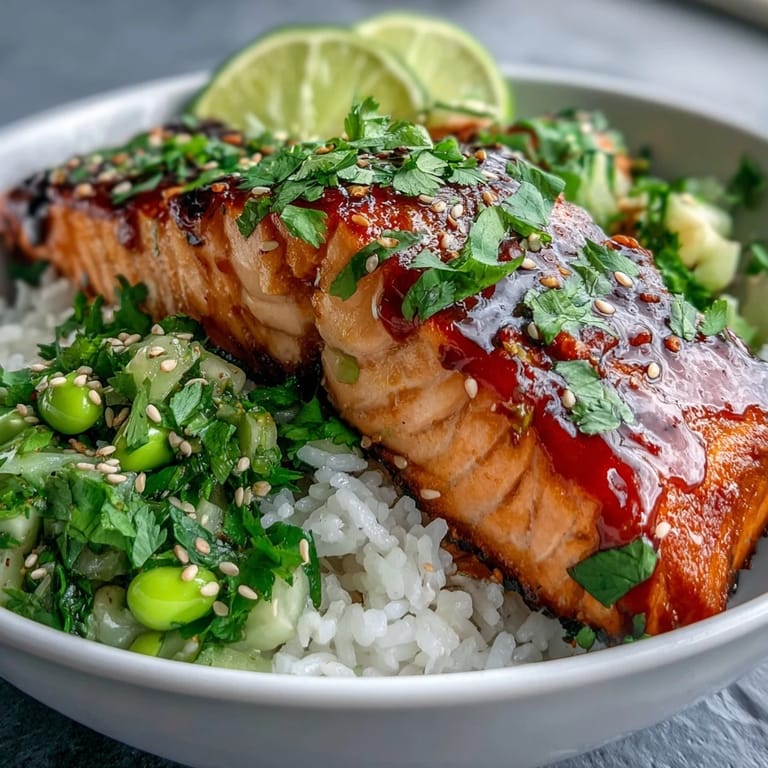 Flaky, paprika-seasoned salmon fillet drizzled with creamy bang bang sauce, served over jasmine rice and fresh cucumber-edamame salsa.