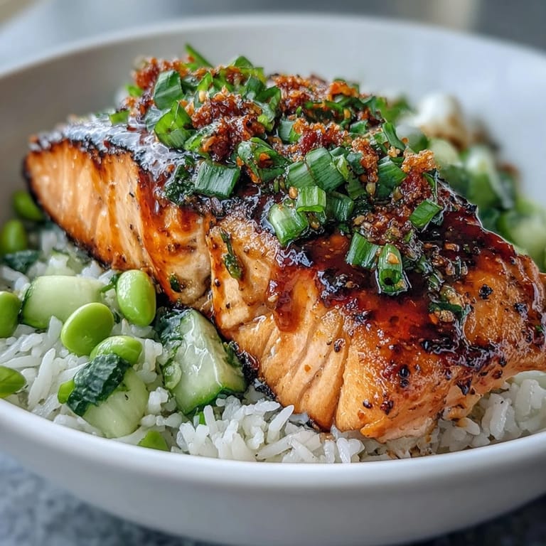 Flaky baked salmon fillets rest in a rice bowl with spicy bang bang sauce, lime wedges, and vibrant salsa garnish.