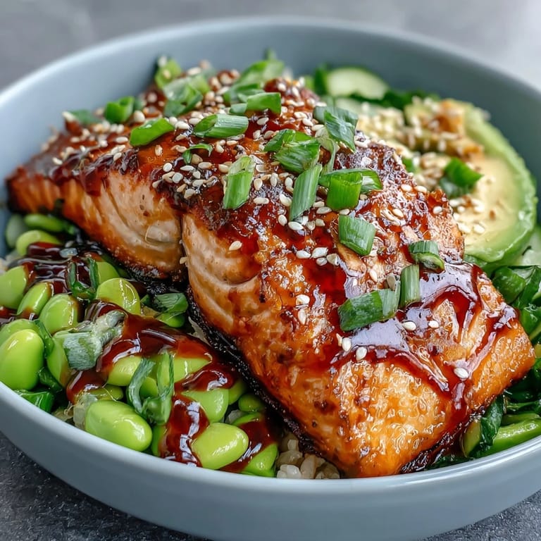 Close-up on a fork-ready Honey Sriracha Salmon Bowl with juicy salmon, creamy avocado, and sesame seeds for garnish.