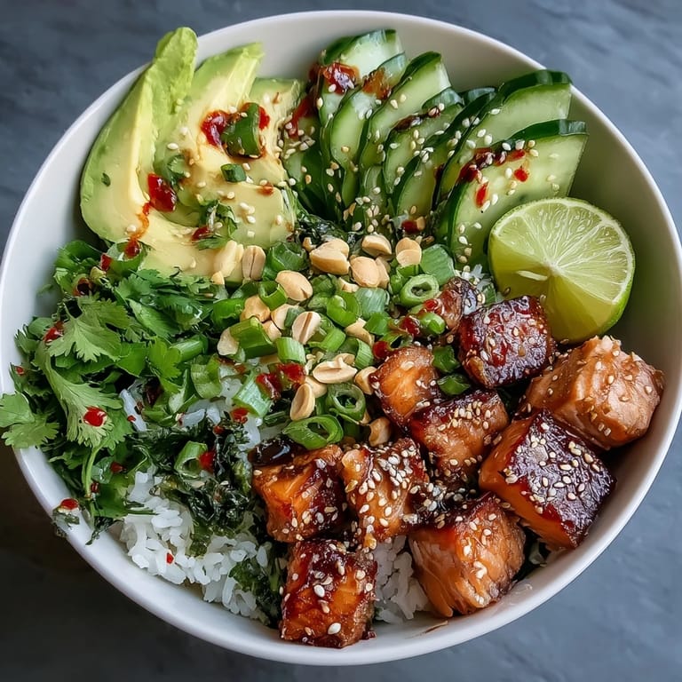 Two vibrant Avocado Salmon Bowls feature sushi rice topped with salmon, cucumber, and avocado, drizzled with chili oil and sprinkled with sesame seeds.
