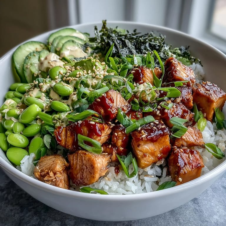 Nutritious salmon rice bowl featuring jasmine rice, baked salmon, fresh edamame, cucumber, avocado, and a zesty sriracha mayo drizzle.