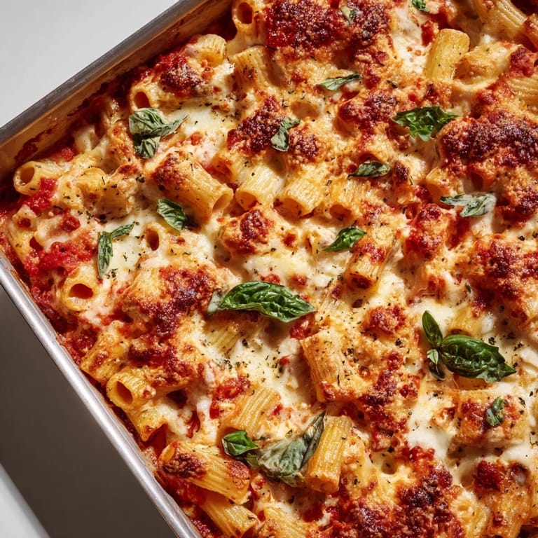 Fresh basil garnishes this Cottage Cheese Protein Pasta Bake, featuring saucy penne and bubbling mozzarella, perfect for a family dinner.