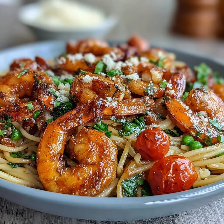 Vibrant spring pasta with juicy shrimp, zucchini, and snap peas simmered in a fragrant garlic-lemon broth, topped with Parmesan.