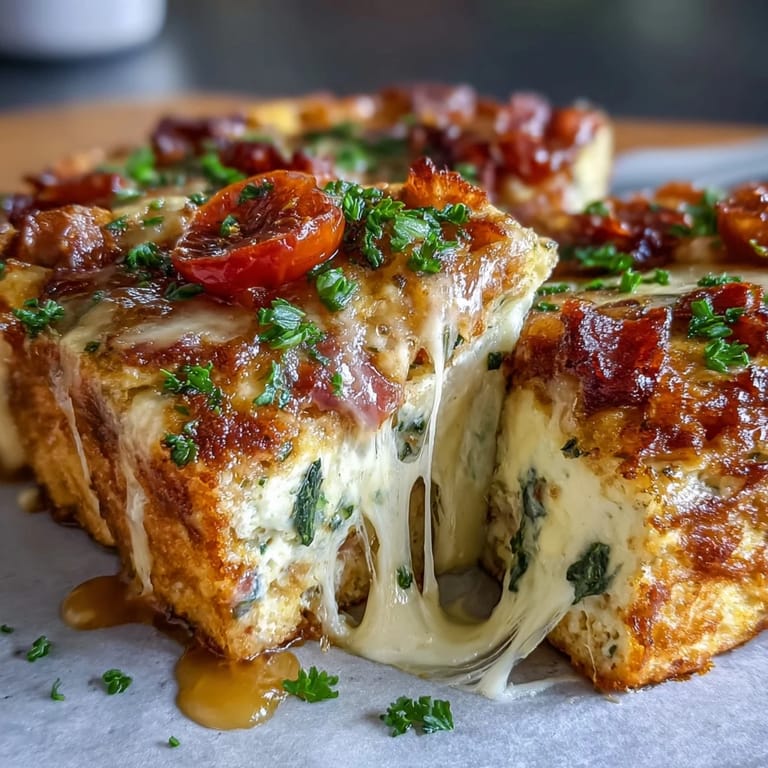 A close-up overhead view of a sliced ham and cheese frittata in a cast-iron skillet.