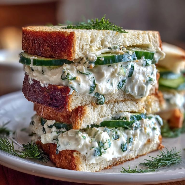 Elegant Benedictine tea sandwiches filled with creamy cucumber spread, garnished with fresh dill and served on a floral plate.