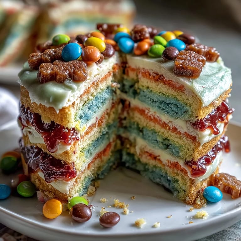 Festive piñata cake sliced open to reveal a cascade of rainbow candies spilling from the center, ideal for holiday parties.