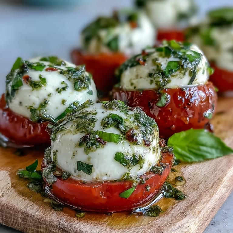 Easy Caprese skewers appetizer with ripe tomatoes, soft mozzarella, and fragrant basil, topped with zesty pesto for a fresh bite.  
