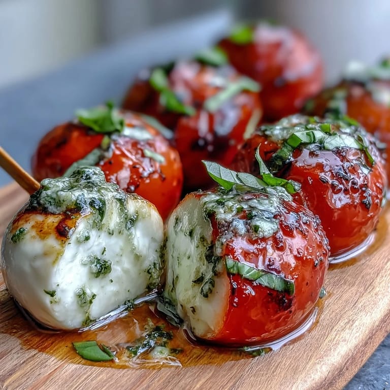 Fresh Caprese skewers featuring bright tomatoes, delicate mozzarella, aromatic basil, and a rich pesto drizzle—perfect for summer entertaining.