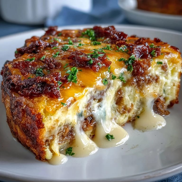 Hearty breakfast casserole layered with crispy hash browns, savory sausage, and peppers, perfect for holiday mornings.