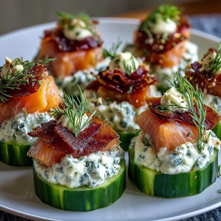 Crisp cucumber slices layered with smooth cream cheese, smoked salmon, and capers for a refreshing appetizer.
