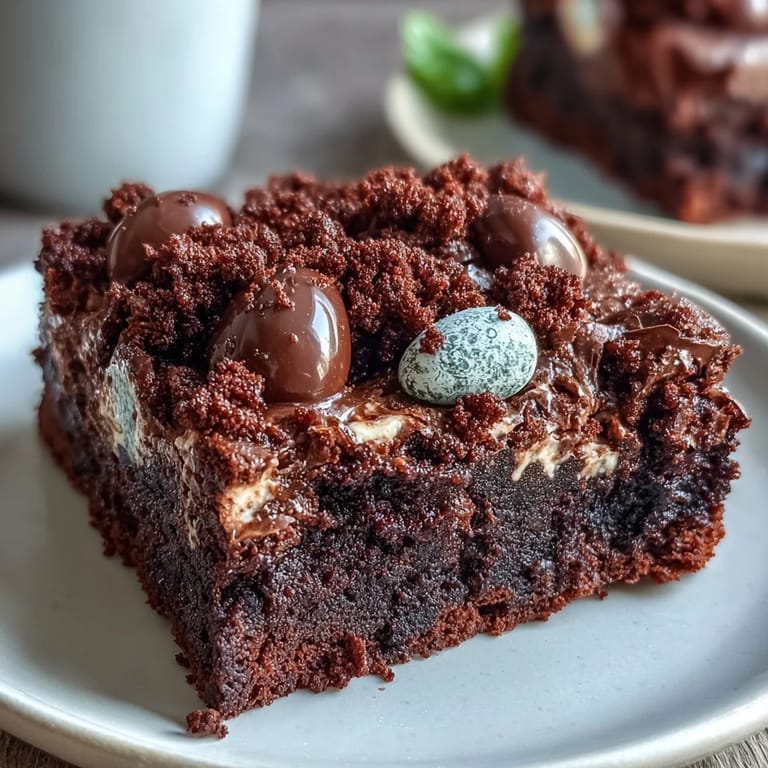 Gooey chocolate brownies loaded with Cadbury mini eggs and finished with a rich, crumbled chocolate crust.