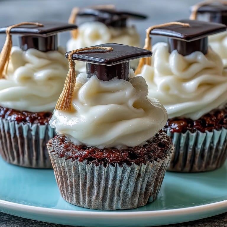 Moist vanilla cupcakes topped with creamy buttercream and fondant graduation caps, featuring black caps with yellow tassels, ideal for graduation parties.