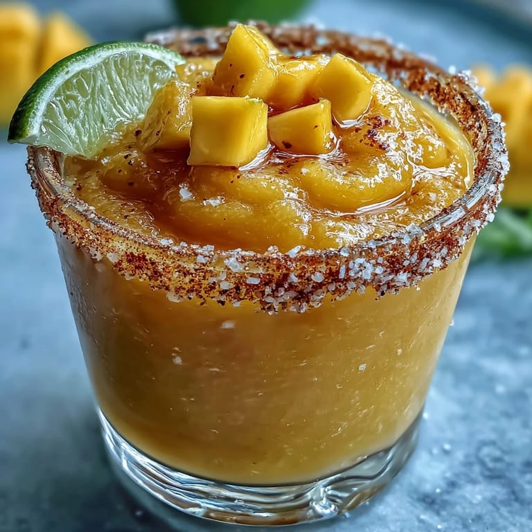 Refreshing frozen mango margarita mocktail served in a Tajín-rimmed glass, bursting with ripe mango flavor and zesty lime.