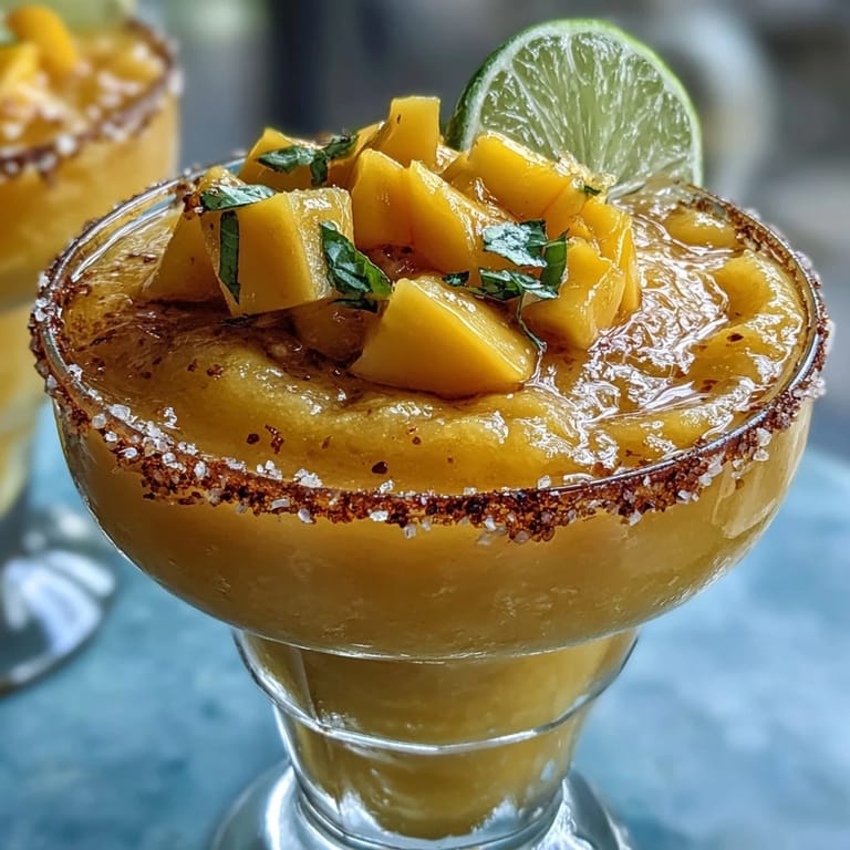 Creamy frozen mango margarita mocktail blended with citrus and ice, garnished with fresh mango slices for a tropical vibe.  