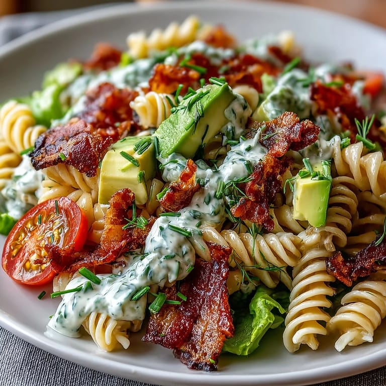 Colorful BLT pasta with avocado ranch dressing, loaded with bacon, cherry tomatoes, and crunchy romaine lettuce.  