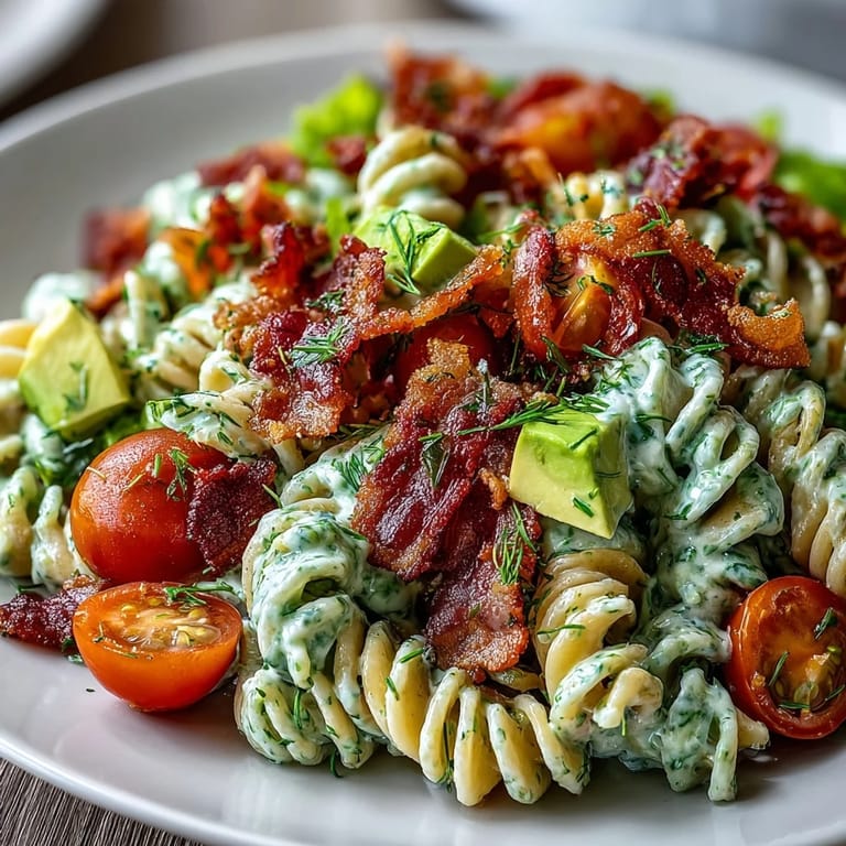 Refreshing BLT pasta salad featuring creamy avocado ranch, crispy bacon, and vibrant garden vegetables—perfect picnic side dish.