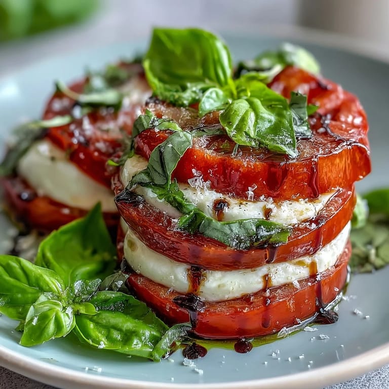 Creamy mozzarella and juicy heirloom tomatoes layered with basil, finished with basil oil and balsamic glaze.
