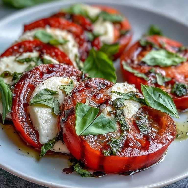 Classic Caprese salad featuring alternating tomato and mozzarella slices, basil leaves, and a drizzle of homemade basil oil.