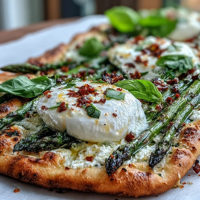 Creamy burrata melts over crispy flatbread, paired with charred asparagus and zesty lemon for a spring-inspired dish.  