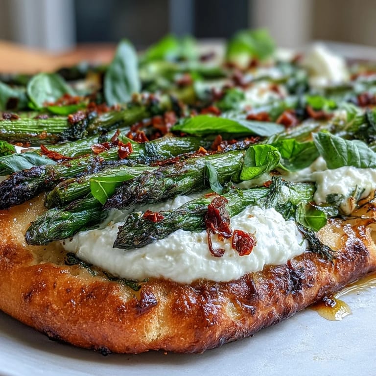 Asparagus flatbread with burrata, lemon zest, and chili flakes—perfect for an elegant, vegetarian appetizer or light meal.