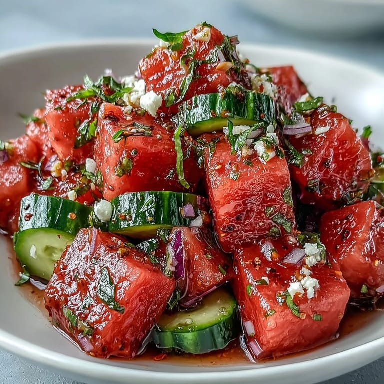 Crisp cucumber and sweet watermelon combine in this Tajin-spiced salad, brightened with fresh lime juice and a sprinkle of cilantro.