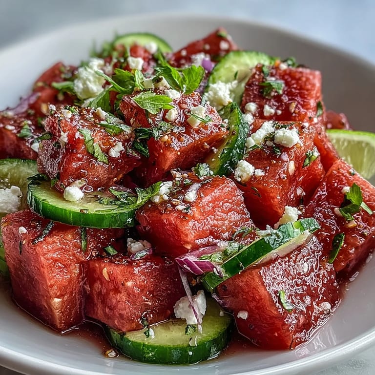 Cool, colorful watermelon cucumber salad with Tajin and lime, garnished with red onion and feta for a tangy, crunchy bite.