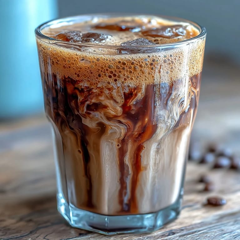 A frothy iced espresso drink with brown sugar syrup and chilled oat milk, served over ice in a tall glass.