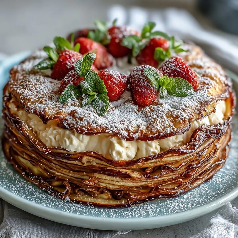 Elegant Mother's Day Crêpe Cake with Strawberry Mascarpone, showcasing a towering stack of thin, tender crêpes layered with smooth mascarpone and juicy strawberry filling.