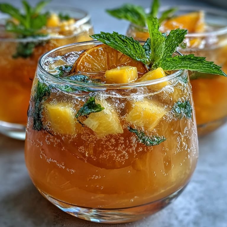 Refreshing mango pineapple sparkling lemonade punch served in a large bowl, featuring diced fruit and lemon slices for a colorful, summery vibe.