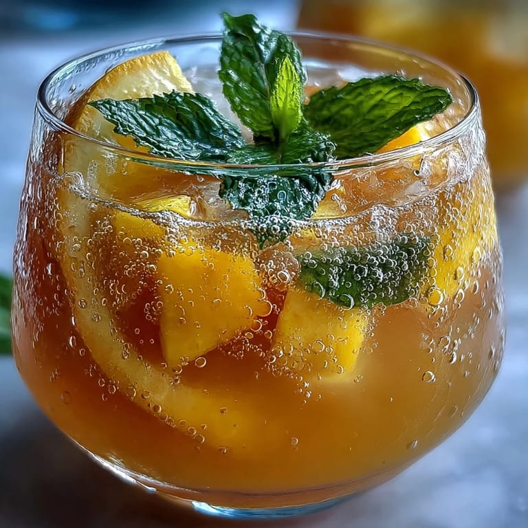 Festive tropical punch bursting with mango and pineapple flavors, topped with sparkling lemonade and garnished with fresh mint leaves for a lively party drink.