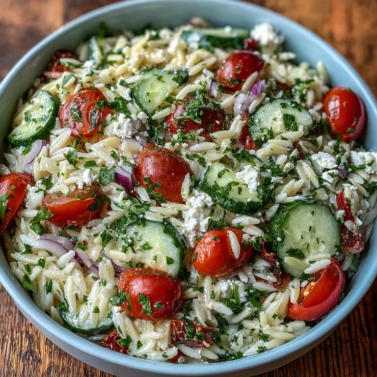 Close-up of refreshing Summer Orzo Salad with Feta and Lemon, tossed with olives and herbs.