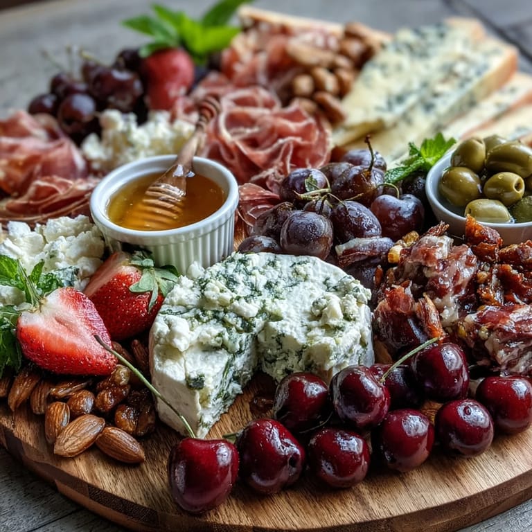 Artisan cheeses, prosciutto, and ripe fruits create a stunning Summer Charcuterie Board with honey.