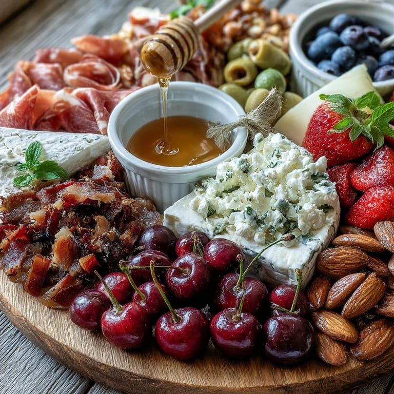Easy Summer Charcuterie Board overflowing with colorful fruits, meats, and a sweet honey drizzle.