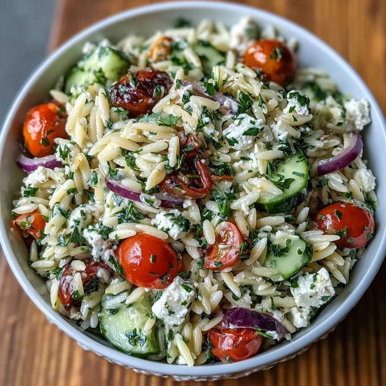 Colorful Summer Orzo Salad with Feta and Lemon, perfect side dish for a sunny picnic.