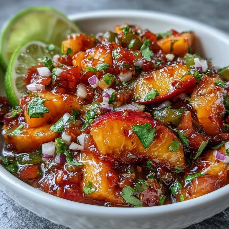 Colorful bowl of peach jalapeño salsa, a fresh, zesty accompaniment to seafood.