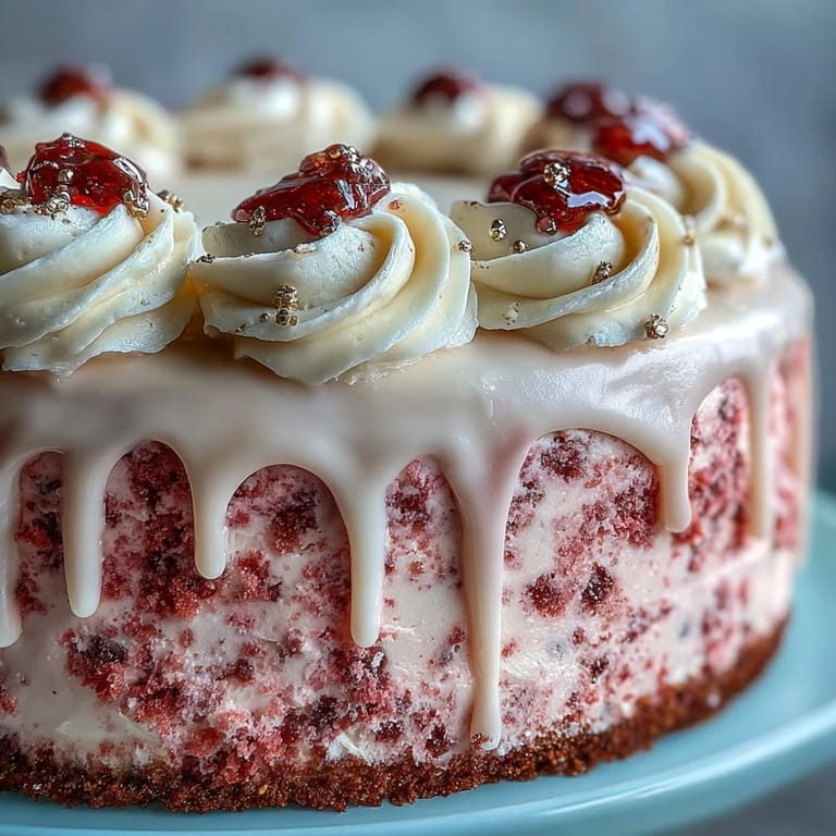 Moist Rosé Velvet Cake crowned with creamy frosting and luxurious gold accents.