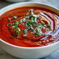 Steaming bowls of homemade tomato and basil soup garnished with a basil leaf and a drizzle of olive oil.  