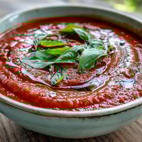 Silky Tomato and Basil Soup served hot in a rustic white bowl, garnished with fresh basil leaves and a drizzle of olive oil.