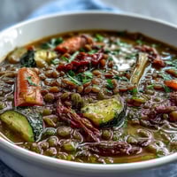 A close-up of a warm bowl of Lentil and Vegetable Soup, showcasing tender lentils and roasted vegetables in a rich, savory broth.