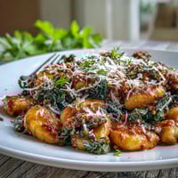 Hearty Sausage Gnocchi with kale in a rich red sauce, served in a white bowl with fresh basil and Parmesan.