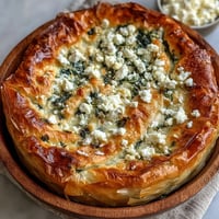 Golden, crispy filo layers of Feta and Kale Börek, overflowing with savory filling in a rustic pie dish.