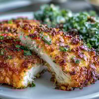 Golden almond-crusted chicken served alongside a marinated kale and sumac salad with fresh cherry tomatoes and red onion.