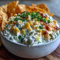 Serving bowl of hot Crack Corn Dip with bubbly cheddar and fresh jalapeños, paired with tortilla chips for dipping.