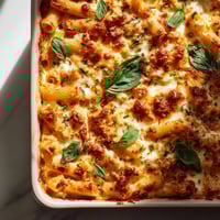 Golden, bubbling mozzarella tops a hearty Cottage Cheese Protein Pasta Bake with Ground Beef, fresh parsley garnish.