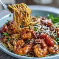 One-pot garlic shrimp with angel hair pasta, bright with lemon and fresh spring vegetables, served in a savory skillet.